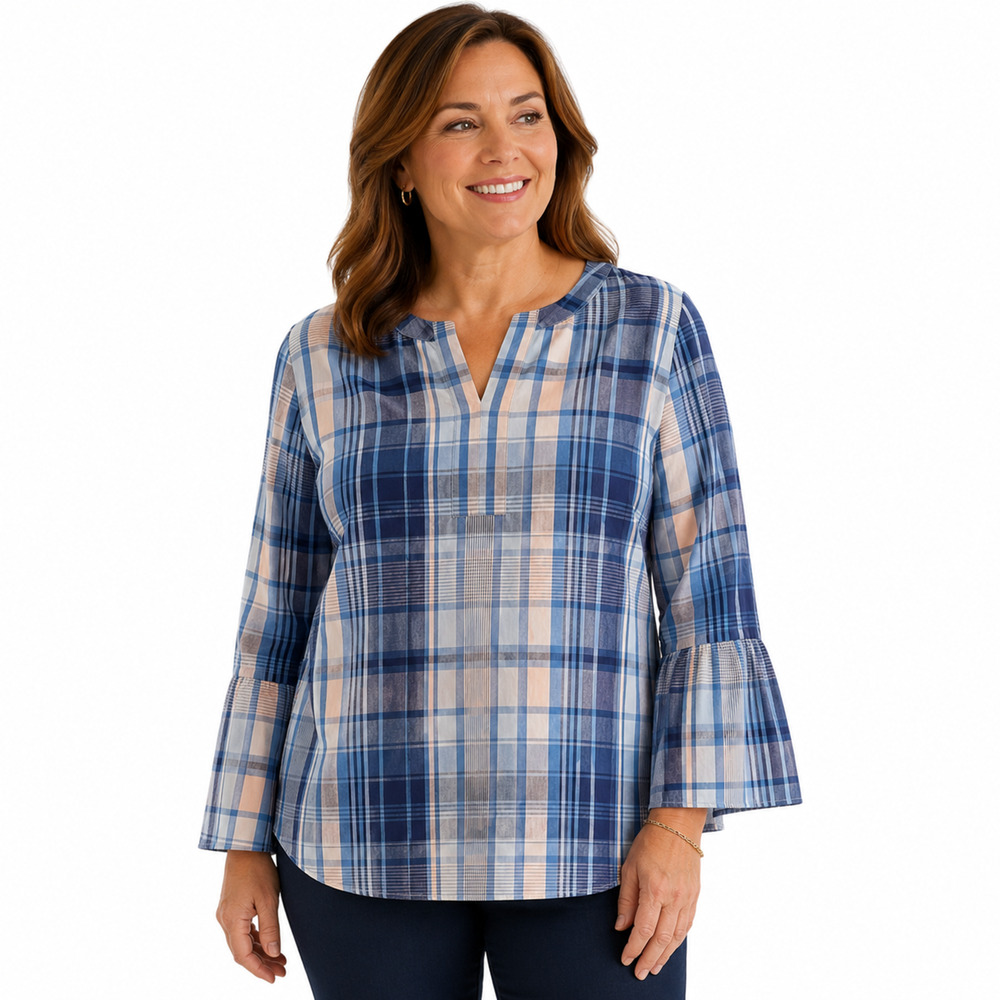 Talbots Petite Blue Plaid Bell Sleeve 100% Cotton Lightweight Tunic Top sz M P